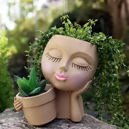 Dolkgy Face/Head Planters for Plants Unique Plant Pots for Indoor Outdoor Plants, Novelty Cute Large Girl Face Flower Pots with Drainage Hole for Home Garden Succulents Cactus