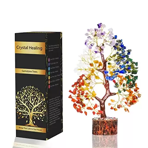 Healing Crystals Gemstones - 7 Chakra Tree for Positive Energy - Seven Chakra Tree of Life, Handmade Feng Shui Luck Figurine, Chakkra Chacra, Life Tree, Spiritual Good Luck Abundance Gift 10-12 Inch