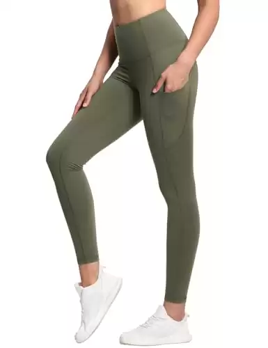 THE GYM PEOPLE Thick High Waist Yoga Pants with Pockets, Tummy Control Workout Running Yoga Leggings for Women Olive Green