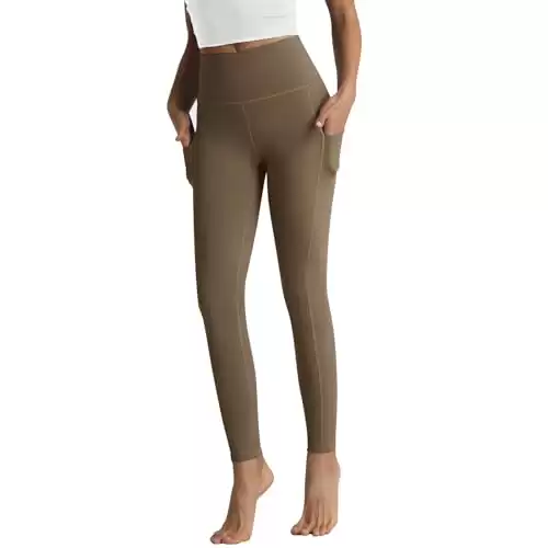 RIMLESS 7 Cotton High Waist Yoga Pants with Pockets Tummy Control Workout 7/8 Leggings Running Athletic Compression Pants P30-Light Brown-S