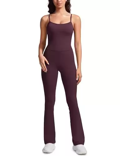 CRZ YOGA Butterluxe Flare Jumpsuits for Women Spaghetti Strap Workout Athletic Onesie Square Neck Bodysuits with Built in Bra Arctic Plum Medium