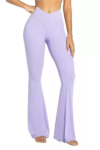 Sunzel Flare Leggings, Crossover Yoga Pants with Tummy Control, High-Waisted and Wide Leg, 30" Inseam, Lavender Small