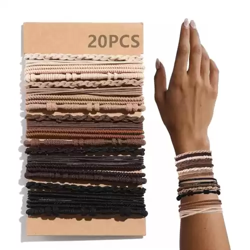 20 PCS Boho Hair Ties, Brown Bracelets Hair Ties for Thick or Thin Hair, 4 Styles Boho Ties for Ponytail Holders, 2.36 Hair Ties No Damage